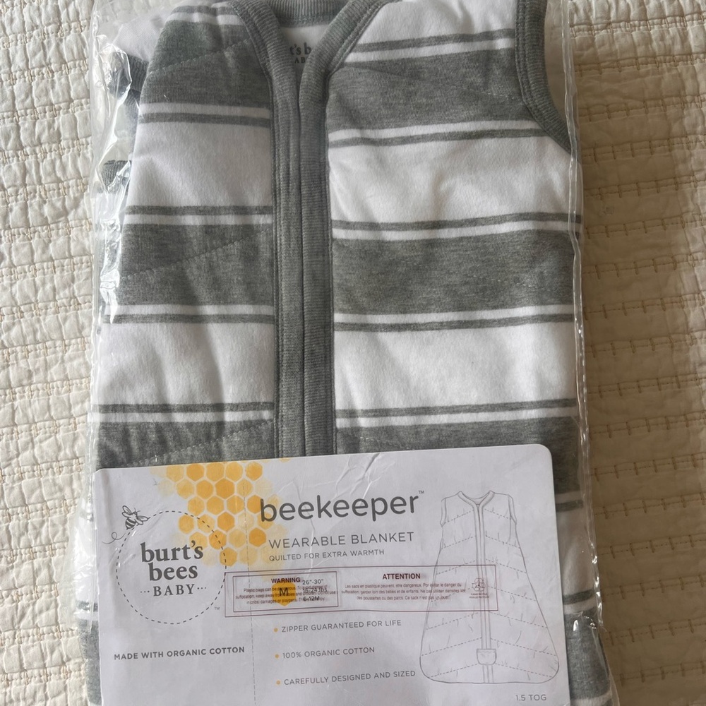 Burt's Bees Baby Gray and White Striped Blanket NWT